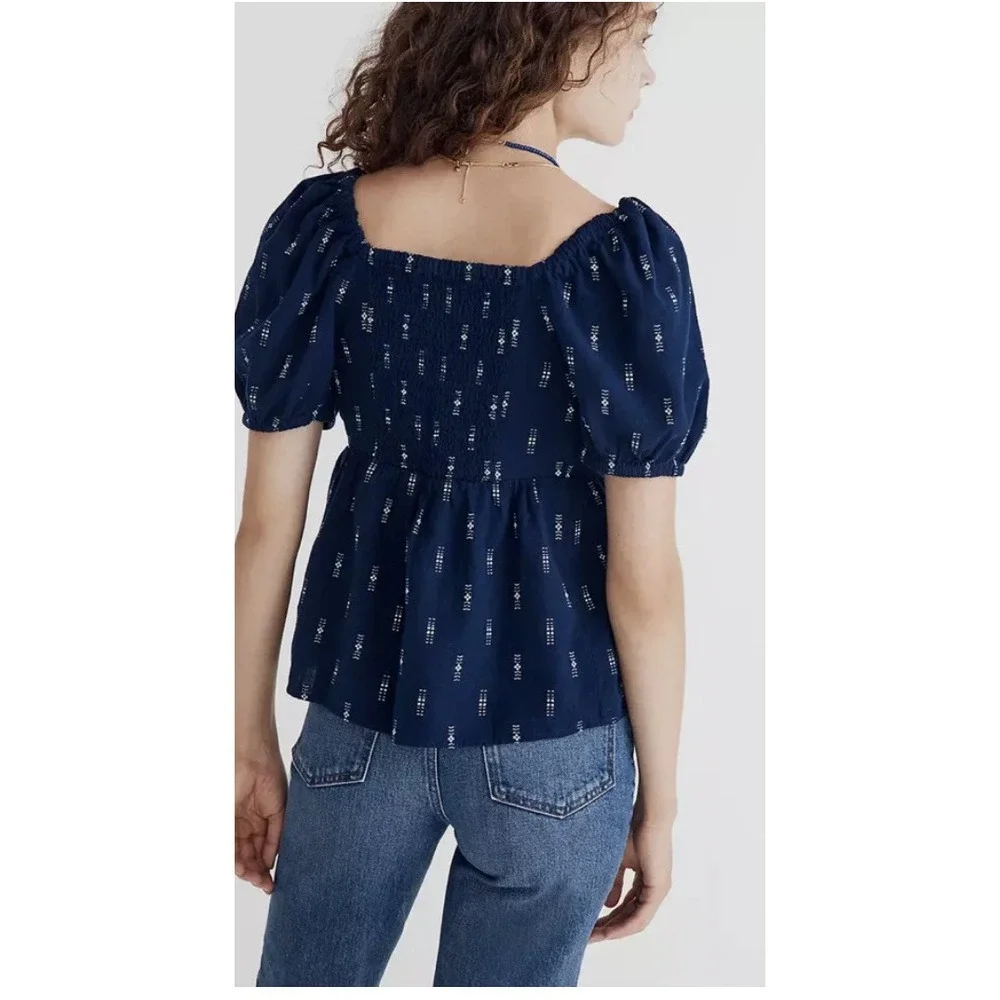 Madewell Womens Jacquard Puff Sleeve Babydoll Top Navy Embroidered Sz S NF205